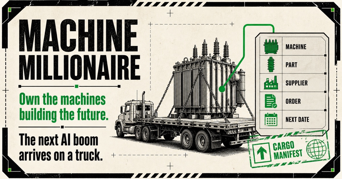 A large power transformer secured to a flatbed truck inside the Machine Millionaire purchase manifest